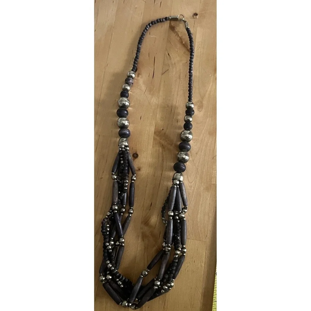 Bohemian Purple Dyed Wood And Silver Beaded 6 Strand Bib Statement Necklace Vtg